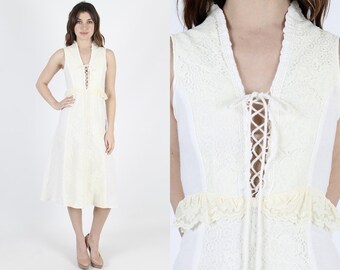 Gunne Sax Dress Renaissance Fair Dress Wedding Dress Bridal Dress Vintage 70s Boho Hippie Ivory Floral Lace Prairie 1970s Midi Mini Dress S