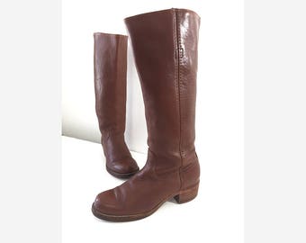 Vintage Frye Boots, 80s Tall Frye Boots — Campus Boots in Cinnamon Brown Mens 9 B Womens 10.5 — Soft Leather Boots Stacked Heel & Round Toe