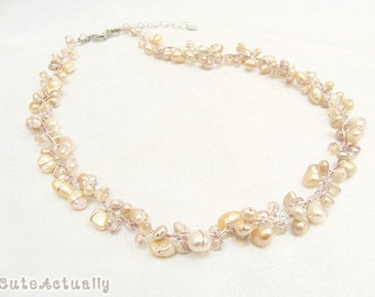 Pink freshwater pearl necklace with crystal on silk thread