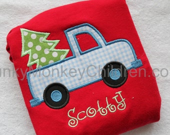 Personalized Christmas Boy's Truck with Christmas Tree Shirt - Boy's Monogrammed Christmas Tree Truck Shirt