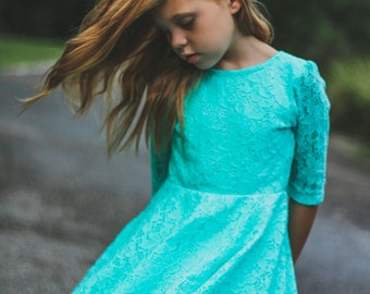 Girls Teal Lace Dress, Teal Dress, Teal Twirl Dress, Girls Lace Dress, Girl Dresses, Dress Sizes 2/3, 4/5, 6/6X, 7/8, 10/12 Ready to Ship