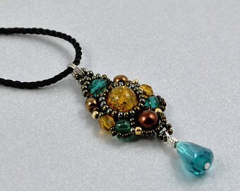 Teal/Bronze Beadwoven Pendant