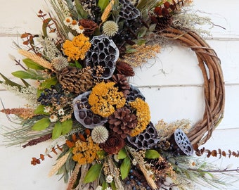 Front Door Wreath, Rustic Wreath, Primitive Wreath, Lotus Pods, Summer-Fall Wreath