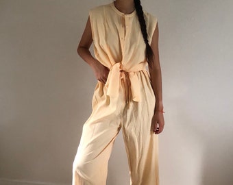 90s 2 piece lounge set / pale yellow cotton blouse + pants / matching coordinated set | xs s m l
