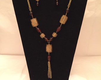 Golden Amber Lariat Tassel Jewelry Set