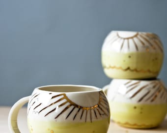 unique coffee mug, SUNNY PLACES, yellow and gold porcelain cup, large porcelain cup, coffee cups, handmade pottery mug, ceramics and pottery