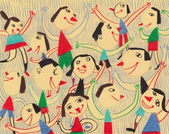 Enjoy with friends / ORIGINAL ILLUSTRATION / Children decor / kids art / House view / Cyan / Happy kids -Original Pencil Drawing