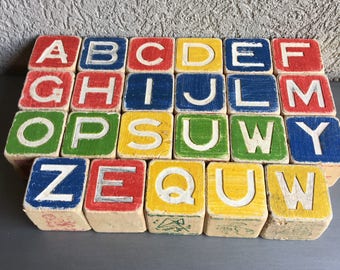 Vintage Childrens Wood Blocks Wooden Alphabet Letters - #M1015