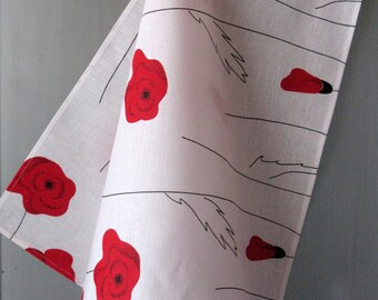 Linen Cotton Dish Towels Tea Towels Red Poppies Red Black White - Tea Towels set of 2