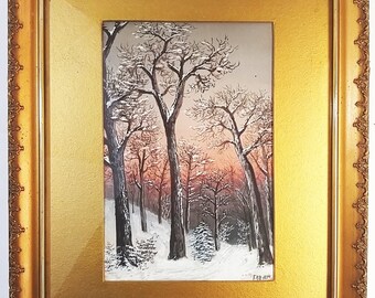 Signed and Framed Landscape Painting of a Winter Forest at Sunset