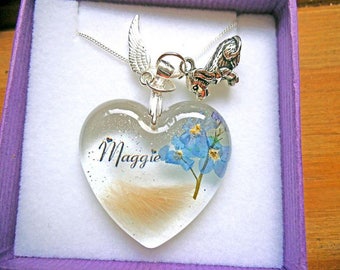 1" Heart Keepsake Paperweight with hair, ashes, name and forget me nots