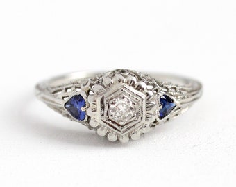 Art Deco Ring - 18k White Gold 1/10 CT Diamond & Created Sapphire Engagement - Vintage 1930s Size 7 1/4 Blue Heart Fine Jewelry