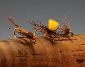 Fly fishing flies, Hand-tied flies, Parachute March Brown, Mayflies, Dry flies, Trout fishing flies, Fishing flies in a box, Nymphs