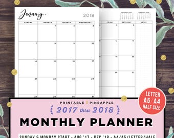 2018 Monthly Planner Printable, 2018 Agenda, Filofax A5, Half Size Inserts, Diary Calendar, Dated Month on 2 Pages, A4, MO2P
