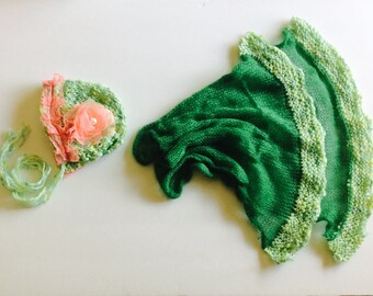 Mohair wrap and bonnet set, knitted bonnet, photo prop set, pink/green baby wrap w/textured edge, Bonnet 0-3 months