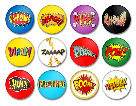 Superhero Comic Book Sound Effects Button Pin Back or Magnet