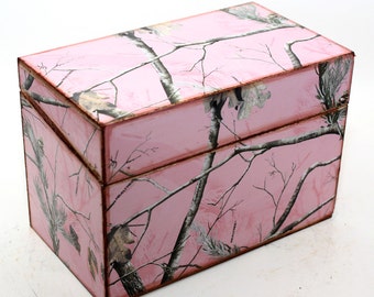 Wood Recipe Box Pink Camo Camouflage Fits 4x6 Recipe Cards