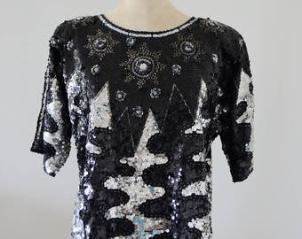 Bejeweled Top Sequined Beaded Edge Radio Frequency Wave Design Silver Black Top Blouse Raglan Sleeve