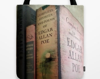 Pink Poe Tote Bag: Edgar Allan Poe, library, pink, gray, vintage books, librarian, gothic,