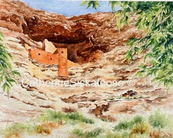 Indian ruins, Sinagua, Montezuma Castle, Arizona, Native Americans, brown, green, watercolor painting, giclée