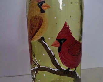 Hand Painted Glass Bottle Cardinal Birds