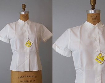 Book Club Blouse / Vintage 1960s White Blouse / 60s White Blouse 38