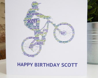 Personalised Mountain Biker Birthday Card, Mountain Bike Card, Personalised Word Art Card, Special Card, Personalised Birthday Card