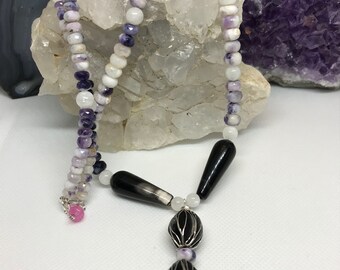 Purple Opal, Moonstone, Onyx, and Sterling Silver Necklace