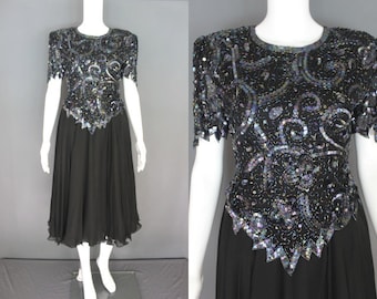 80's Party Dress 80's Black Beaded And Sequined Laurence Kazar Midi Length Party Dress 80's Prom Dress 80's Occasion Dress