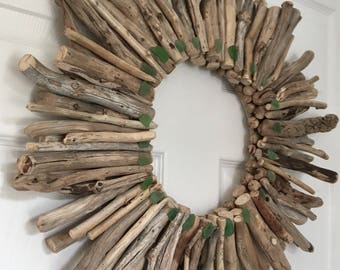 Free Shipping !! cape Breton Nova Scotia Driftwood Wreath 20"-22" with Green Sea Glass Accents.