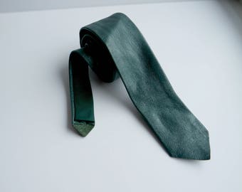 Vintage Green Leather Skinny Tie, Leather Necktie, 1980s