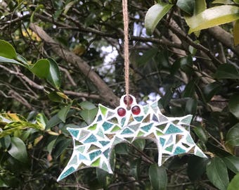 Handmade Mosaic Holly Christmas Tree Decoration - Red, Green, White - 12cm