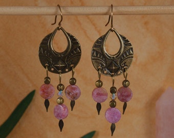 Earrings Brass Tribal Earrings Pink Goddess Earrings Tribal Chandelier Earrings Pink Stone Earrings Boho Tribal Rustic Bridal Earrings