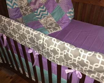 Teal blue and Purple 4 piece crib set
