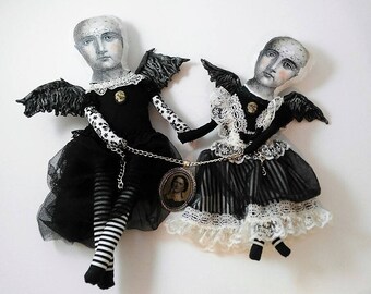 Strange Sisters-art doll-strange dolls-vintage-victorian-curiosity-black dress-decoration-whimsical-fantasy-portrait-chains-hand made
