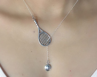 ON SALE - Tennis Racket with Ball Lariat Necklace - Tennis Jewelry - Tennis Gifts
