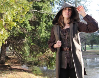 Hooded Vest - Olive Vest - Denim Vest - Elven Vest - Medieval Vest - Renaissance Vest