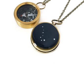 Ursa Major and North Star Necklace, Small Working Compass, Constellation Jewelry, Astronomy, North Star Jewelry, Big Dipper, Stars
