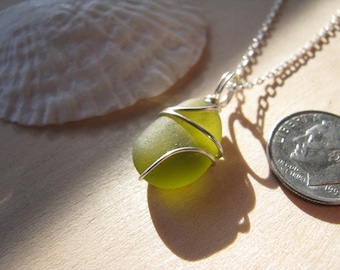 Tiny Chartreuse jewelry choker Beach Glass Pendant Olive SeaGlass Yellow Real Beach Glass Wire Wrapped Chartreuse Real Natural Sterling