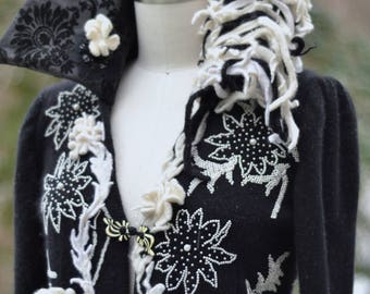 Floral COAT, art to wear eco couture, unique patchwork festival wear, Fantasy embellished with pearls OOAK Coat. Size Medium. Ready to ship