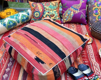 Vintage Moroccan Kilim Pouf, Moroccan Wool Kilim Pouf, Berber Wool Pouf, Multi Colored Wool Kilim Pouf, Old Wool Pouf, Kilim Floor Pillow