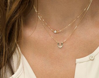SALE Tiny Horseshoe Necklace / Delicate Chain in 14k Gold Fill, Rose Gold Fill , Sterling Silver / Dainty Horseshoe Layered Long