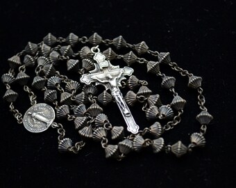 Antique very old Vintage 100% Sterling Silver Rosary Beads Necklace Cross Crucifix 5 Decade Rosary Ridged Cone Shaped