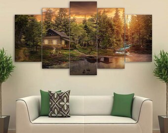 Cabin in the Woods Canvas Set, Cabin Wall Decor Forest Gift for Home Gift for Her Wall Art 5 Panel Framed Canvas Woods Print Cabin Painting