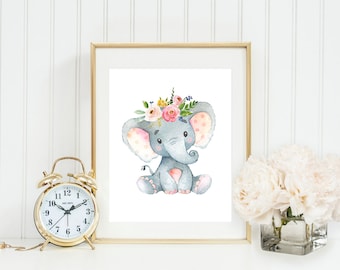 Elephant Printable Nursery Elephant Wall Art Pink and Gray Floral Nursery Decor Grey Nursery Elephant Decor Safari Animal African Zoo Animal