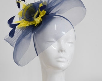 Big Navy and Yellow Fascinator Hat Veil Net Hair Clip Ascot Derby Races Wedding Headband Feather Flower