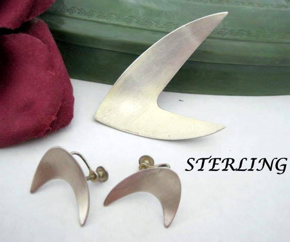 Sterling Silver Brooch Set, Boomerang Style, Mid Century Pin Earrings