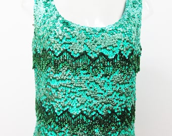 1960s Emerald Green Sequinned Top with Cascading Beaded Zig Zags on Hand Loomed Knit