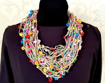 Statement necklace Warm Knitted necklace Beaded colorful Multicolor necklace Rainbow long necklace handmade jewelry natural not allergic