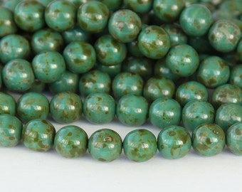Opaque Turquoise Picasso Czech Glass Beads, 6mm Round - 50 pcs - eT6313-6r